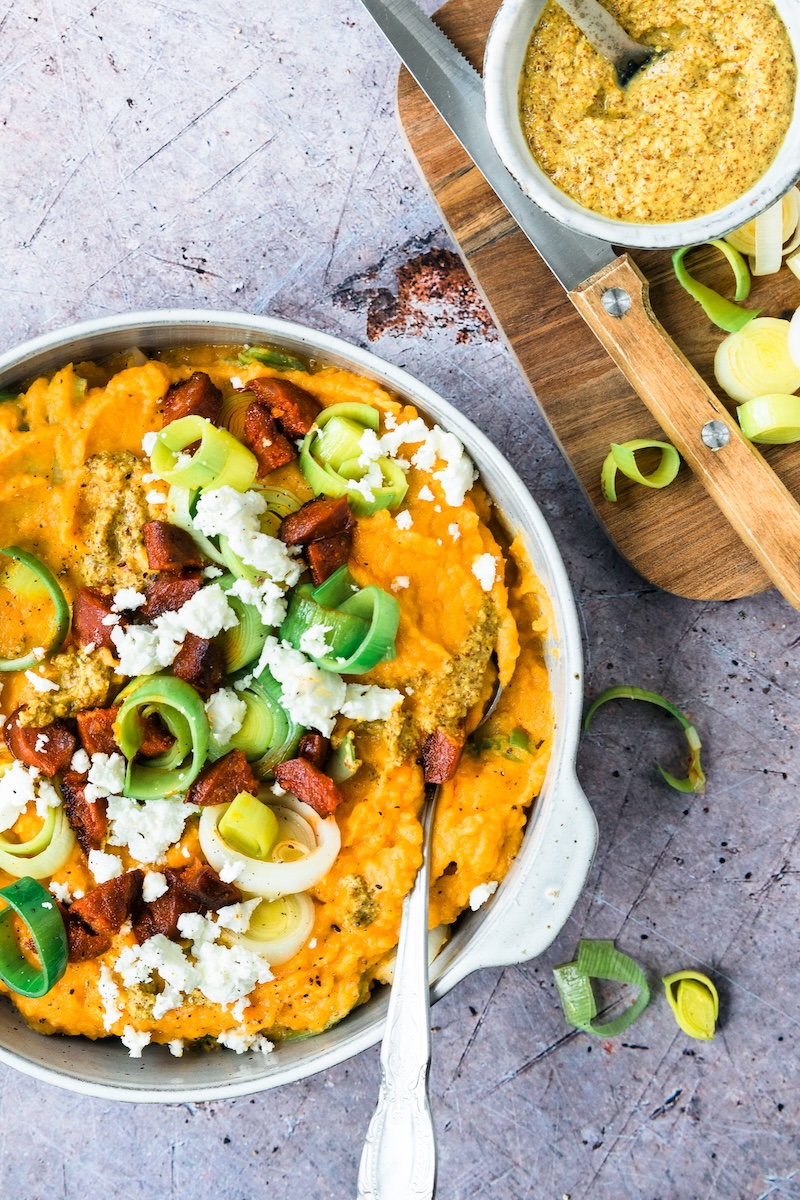 Zoete aardappel prei stamppot