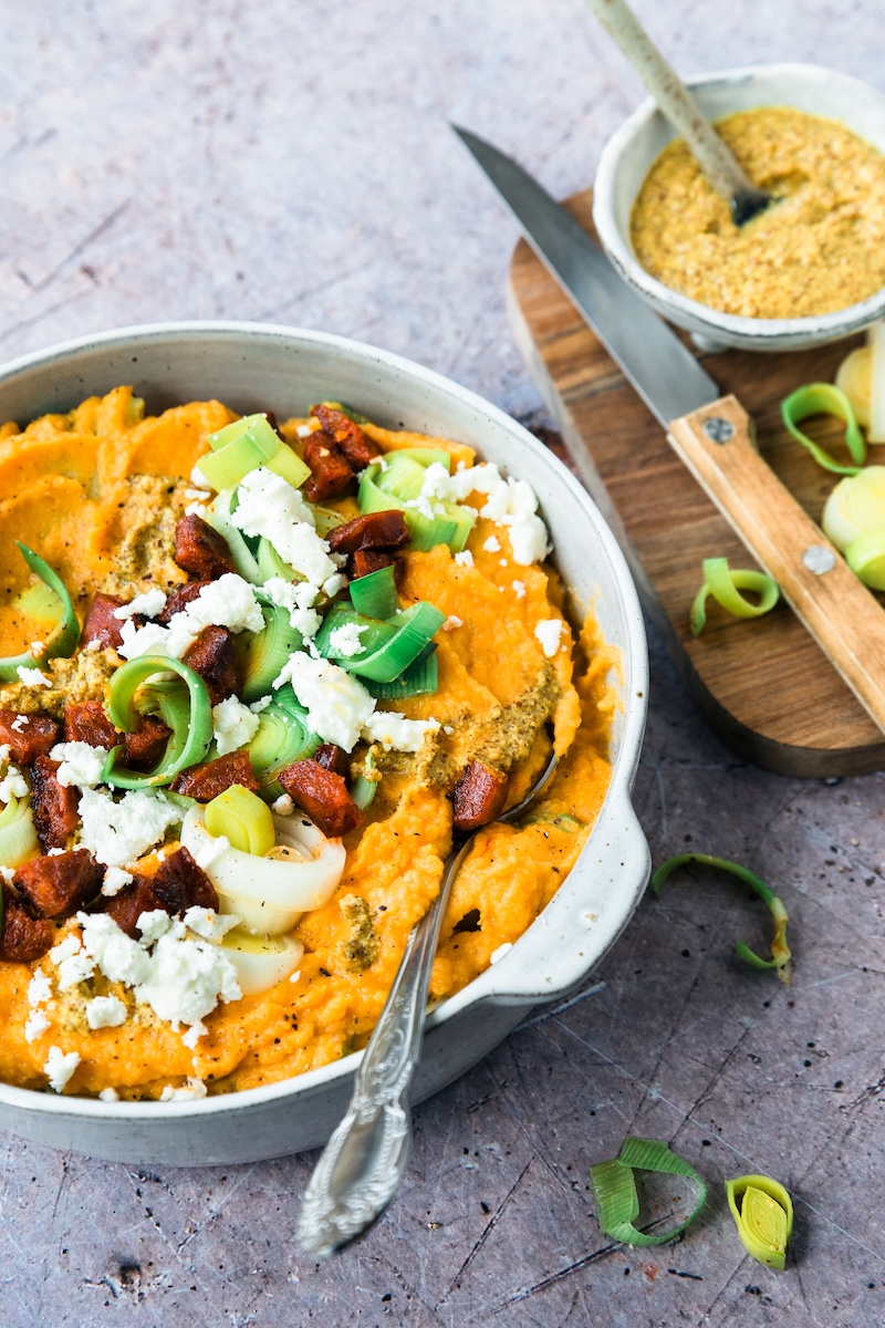 Zoete aardappel prei stamppot