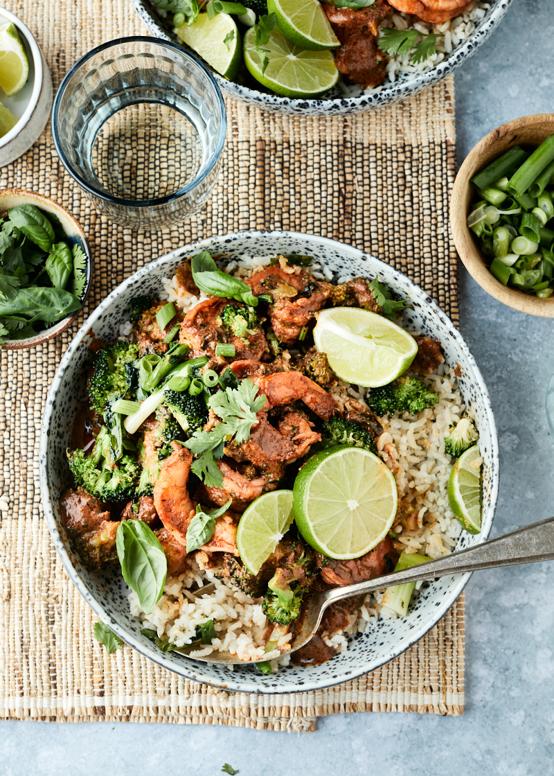 Garnalen curry met broccoli