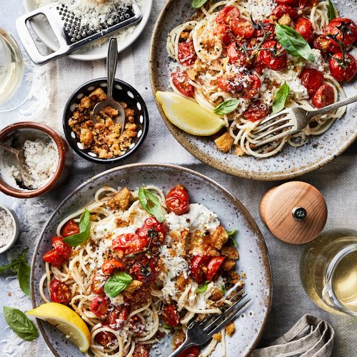 Pasta met ricotta en geroosterde tomaten